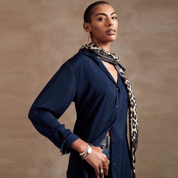 Banana Republic Tops - New Banana Republic Silky Oversized Preppy Navy Long Sleeve Shirt Size XXL